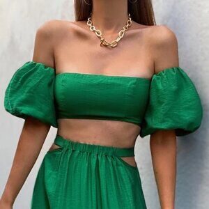 Seven Wonders Jolie Emerald Green Top Off Shoulder Puff Sleeve - Size XS